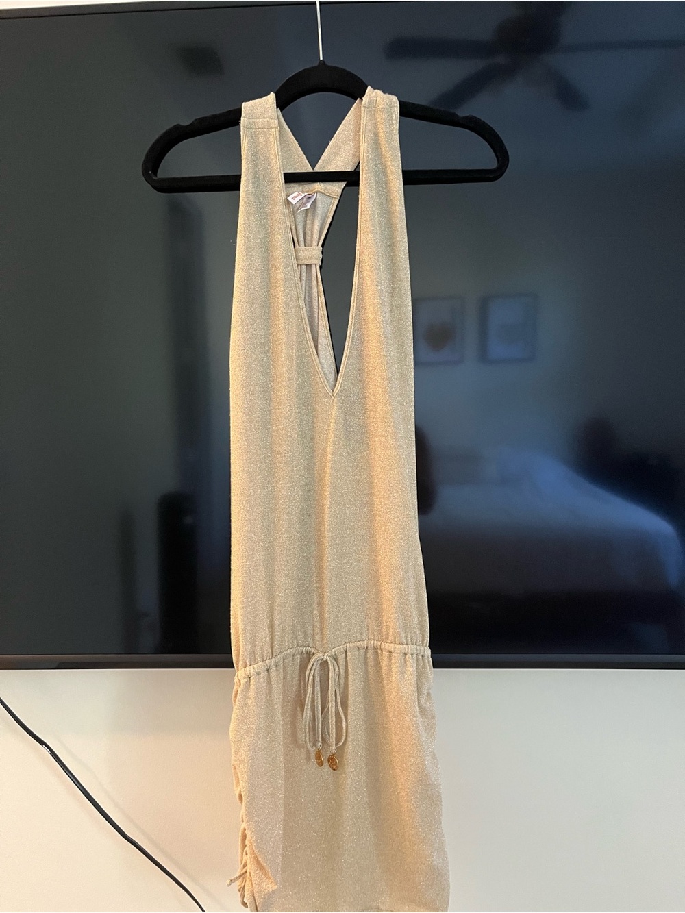 Luli Fama Cream Shimmer Halter Drawstring Coverup